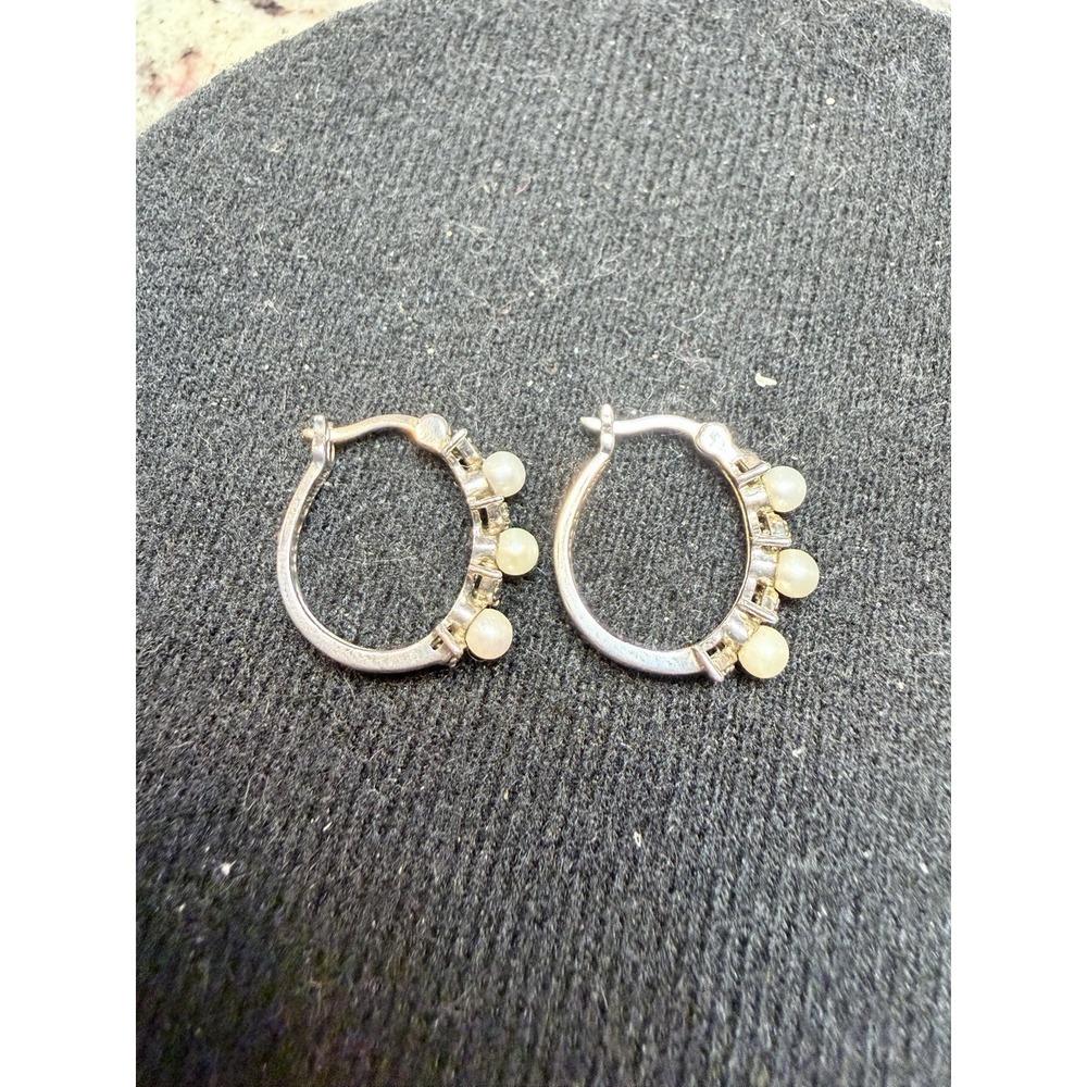 Sterling Silver 925 Pearl Hoop Earrings Small Vintage
